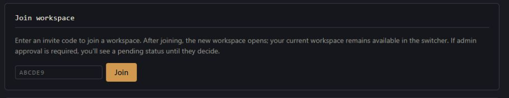 Join workspace form on the Account tab with an invitation-code input and Join button