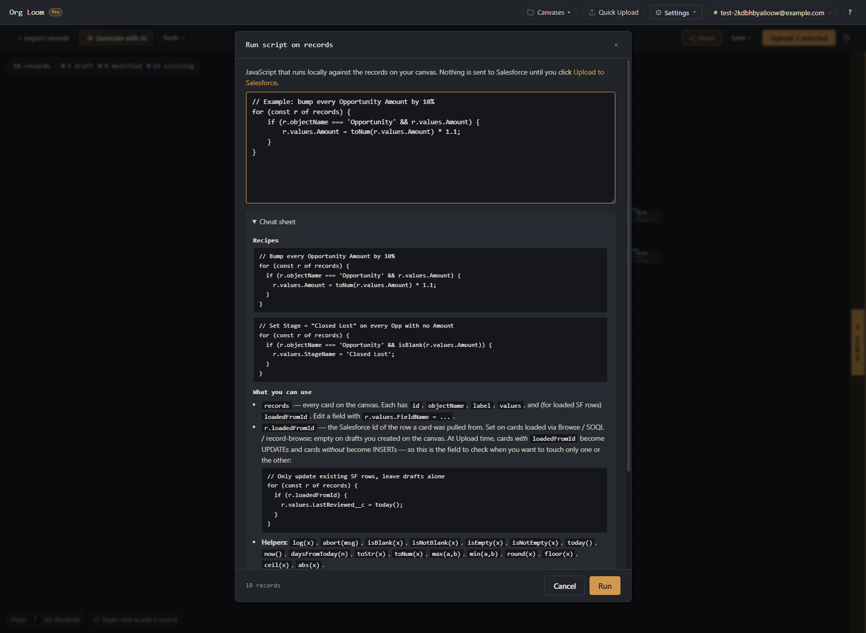 The Run script Cheat sheet with record examples, supported syntax, and helper functions