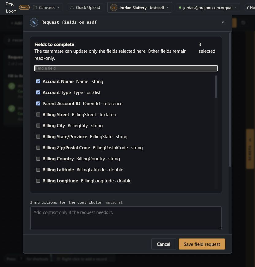 Field request dialog with selected fields, optional contributor instructions, and assignment controls