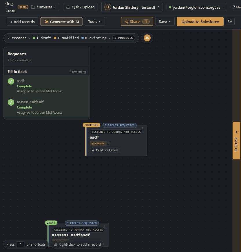 Canvas owner view with the Requests panel showing completed field requests and their assignee