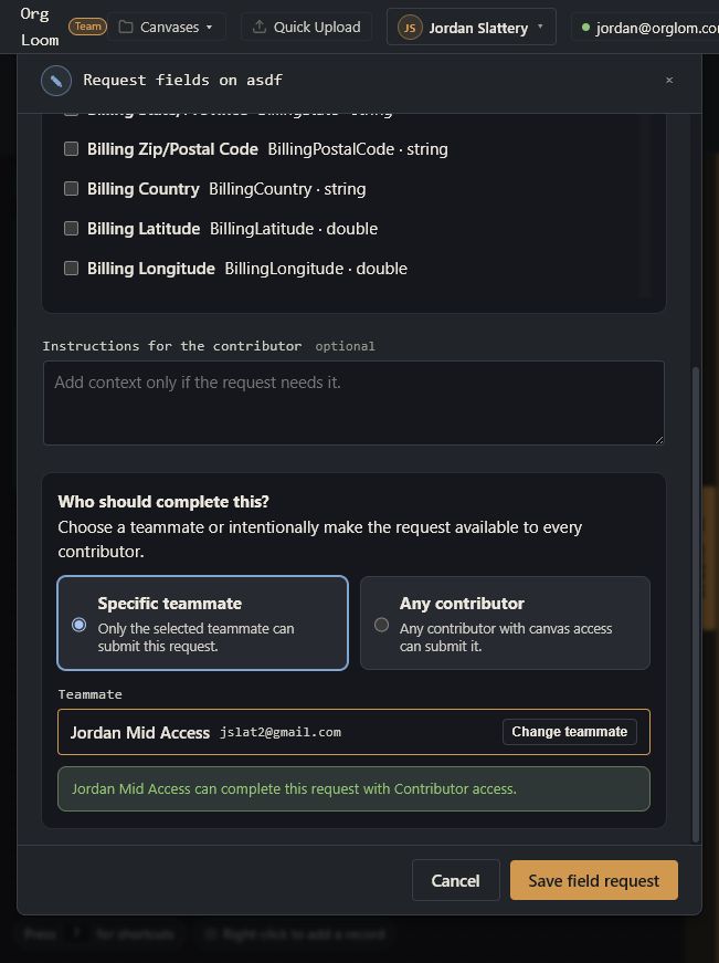 Field request assignment controls with Specific teammate selected and a Contributor assigned