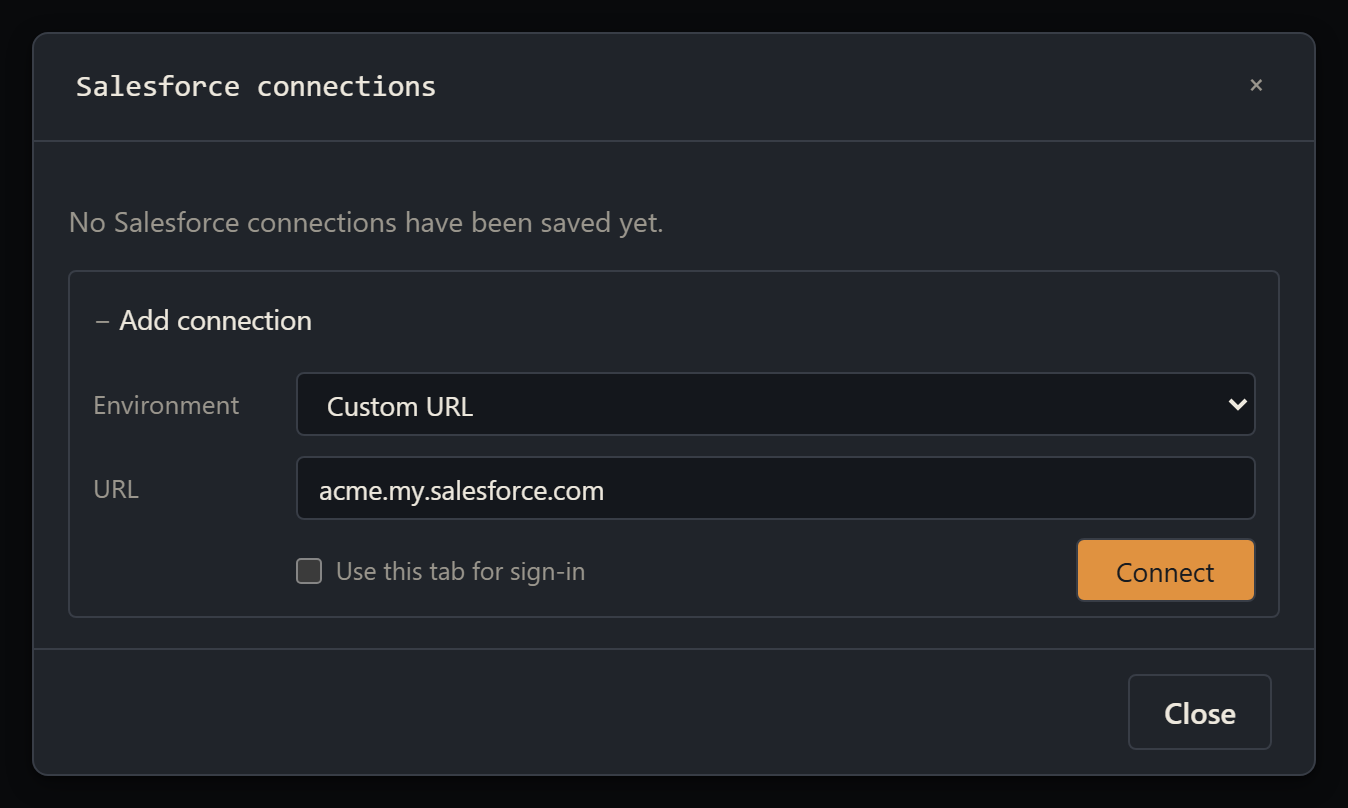 Custom URL selected with acme.my.salesforce.com entered, the sign-in checkbox on the left, and Connect on the right