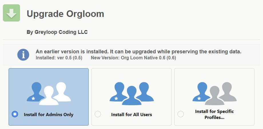 Salesforce package setup with Install for Admins Only selected.
