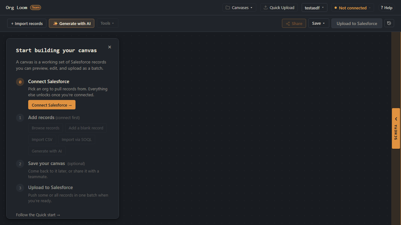 An empty Org Loom canvas connected to Salesforce and ready for a record