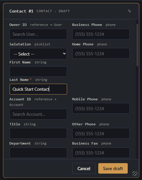 Contact draft editor with Quick Start Contact entered in Last Name and the Save draft button below